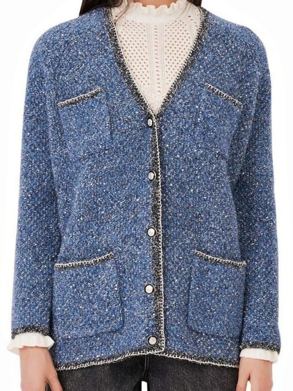Maje Miso Chain Trim Tweed Lurex Cardigan